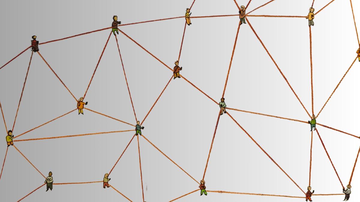Several small cartoon representations of people are linked by brown handdrawn lines representing a network.