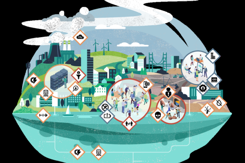 A simplified illustration of urban life near the sea showing groups of people, buildings and bridges, as well as polluting power plants, opencast mining, exploitative work, data centres and wind power stations on a hill. Several small icons indicate destructive processes.